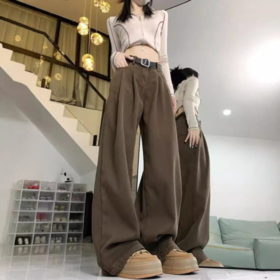 Brown Color Wide-leg Jeans Women's Loose Dipped-down Small New Style plus size High Waist Slim-fit Straight-leg Jeans