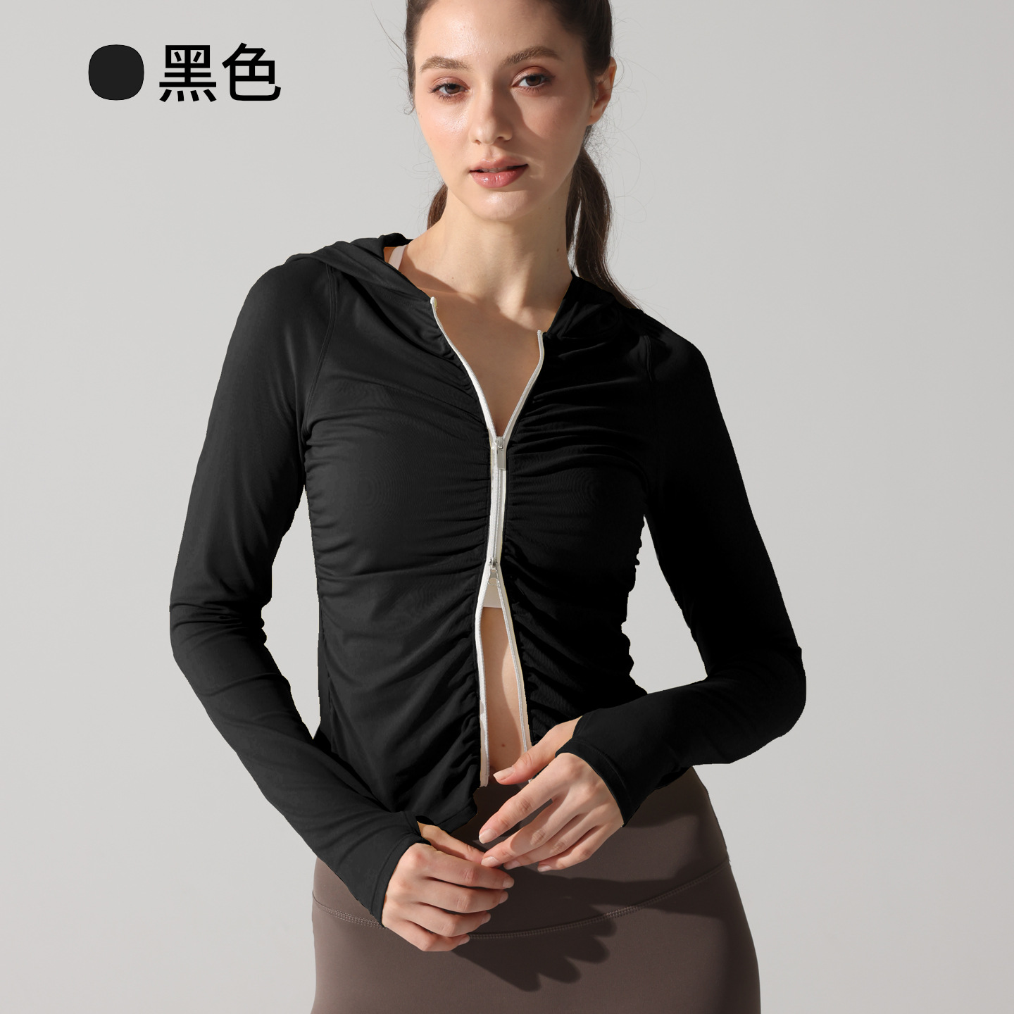 Europa y Estados Unidos chaqueta deportiva transfronteriza de mujer ligera y seca de mangas largas con sombrero con cremallera de fitness ropa de yoga delgada chaqueta de carrera image 10