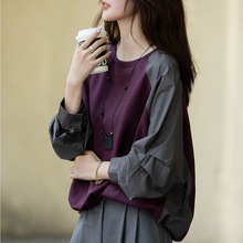 时尚设计感拼色休闲上衣2025秋季圆领宽松微弹褶裥抽绳藏肉卫衣女