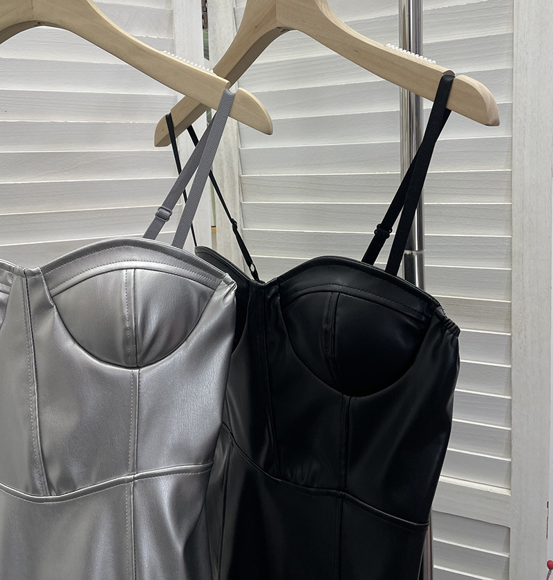 Real Shot Sexy Sling Sheath A line Faux Leather Waist Slimming Short Chest Pad Dress