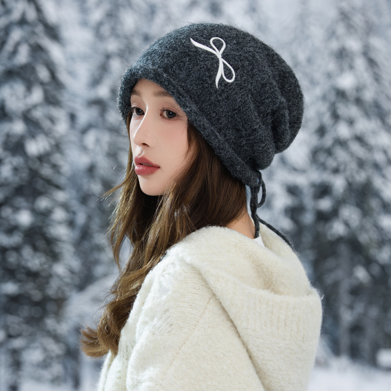 帽子女秋冬毛线帽韩版新款甜美可爱蝴蝶结冷帽百搭护耳保暖针织帽|undefined