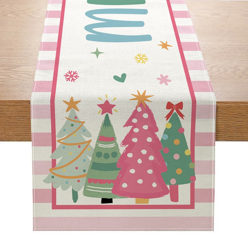 Camino de mesa navideño con estampado de muñeco de nieve y Santa