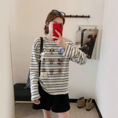 慵懒风圆领上衣女25早秋季新款磨毛韩版卡通条纹套头长袖女T恤