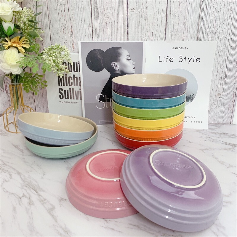 French-Style Round Deep Plate Household Ceramic Tableware Tray Set Soup Bowl Soup Dish Noodle Bowl 8inch Underglaze Color
