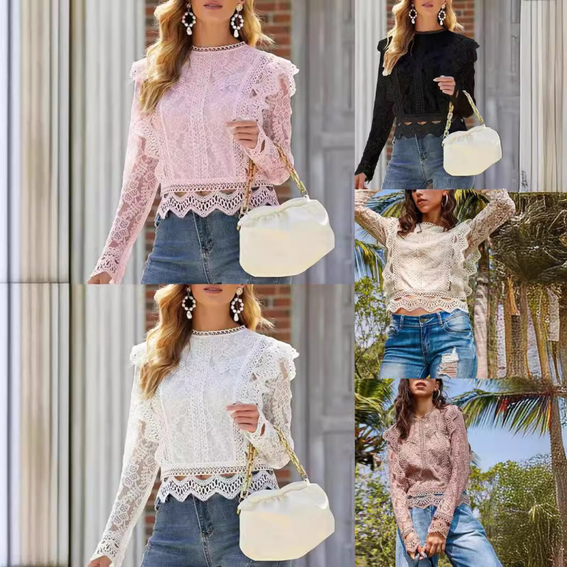 2025 European and American Cross-Border New Sexy Pure Color Cut Out Lace Navel-Baring Long-Sleeved Outer Women's Top Outwear Lace Shirt