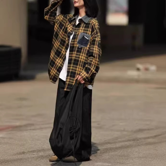 2025 American Retro Original Denim Patchwork Plaid Top for Women, Loose and Versatile Yellow Plaid Long-Sleeved Shirt 2025 American Retro Original Denim Patchwork Plaid Top for Women, Loose and Versatile Yellow Plaid Long-Sleeved Shirt
