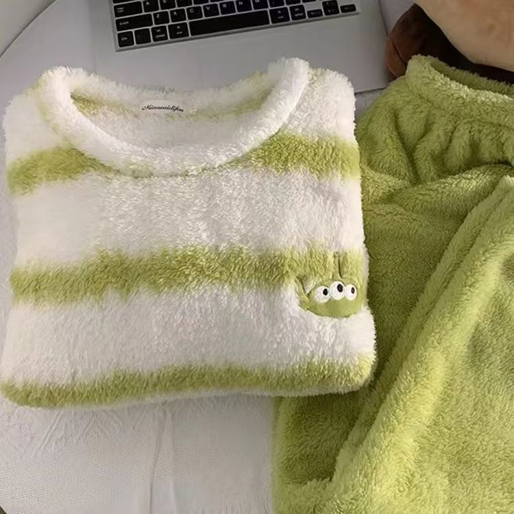 Tres ojos de coral veludo pareja pijama mujer otoño invierno manga larga calentamiento grueso hombre dibujos animados casera conjunto de ropa de casa