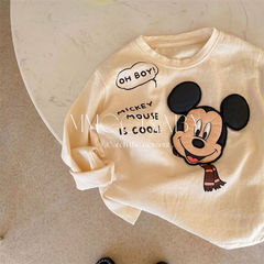 Children's T-shirt 2024 Autumn New Unisex Cartoon Mouse Patch Cotton Long Sleeve Baby Top Bodysuit
