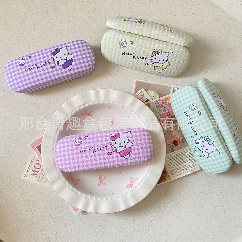 Plaid Cute Fresh Kt Cat Glasses Case Drop-proof Pressure-proof Portable Student Proximity Mirror Storage Box Sweet Plaid Cute Fresh Kt Cat Glasses Case Drop-proof Pressure-proof Portable Student Proximity Mirror Storage Box Sweet