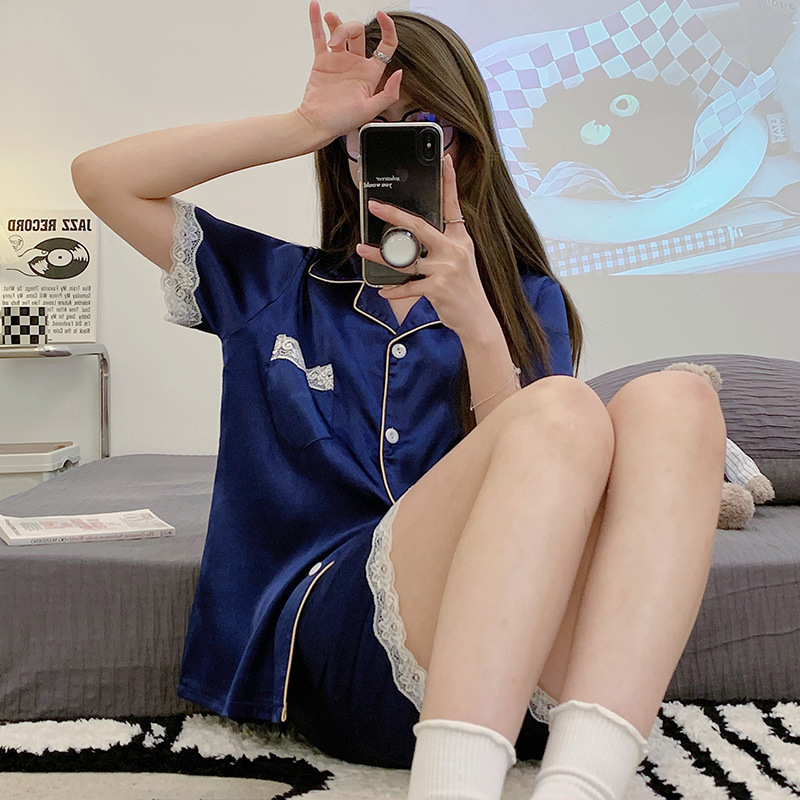 로얄 블루 레이스 가디건 더블 쇼트