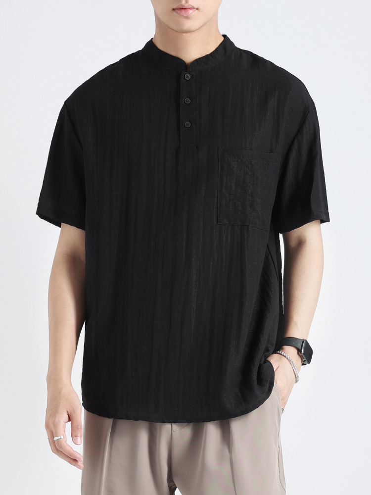 Camisa de manga corta de color sólido con cuello woffge Henry de gama alta Camiseta de verano para hombre Camisa de lino transpirable delgada suelta