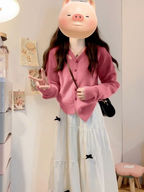 温柔风甜美粉色针织毛衣女2025秋冬新款气质显瘦上衣半身裙两件套|undefined
