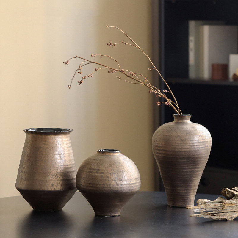 Retro Metal Style Ceramic Vase Ornaments, Medieval Design, Niche Dried Flower Arrangements, Artistic Pottery Art