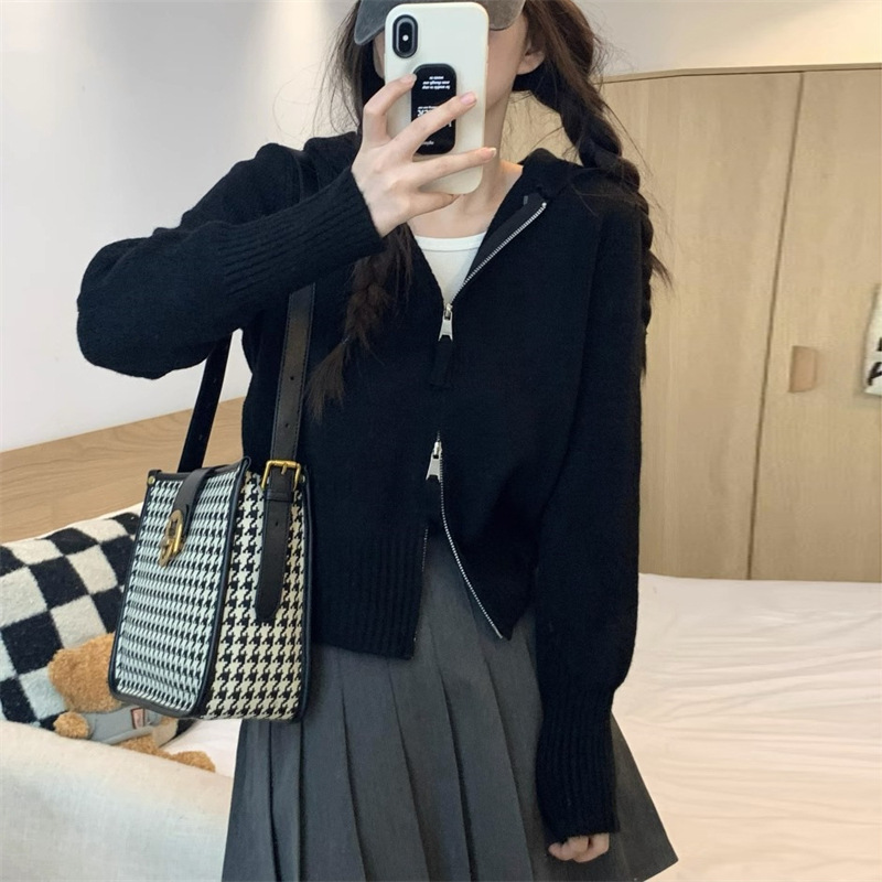 短款连帽双拉链针织衫女潮秋冬新款收腰显瘦洋气小个子毛衣女外套|undefined
