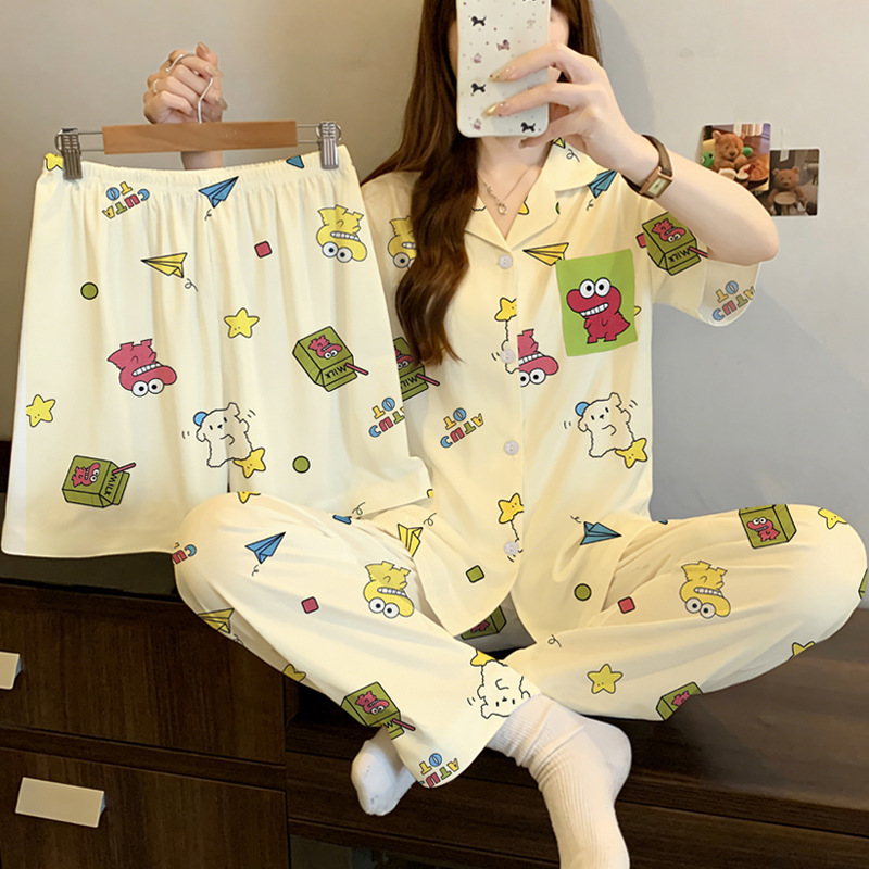 Cute Crocodile Cream-Style Pajamas for Women 2026 New Summer Short-Sleeved Three-Piece Set with Lapel, Suitable for Home Wear and Can Be Worn Outside