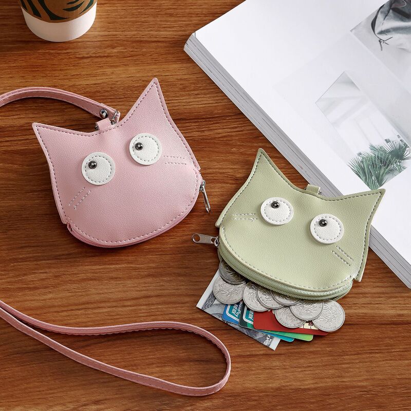 Vegetable Tanned Cowhide Texture Women's Coin Purse Halter Bag Cartoon Cat Cute Earphones Coin Mini Ultra-Thin Small Card Holder