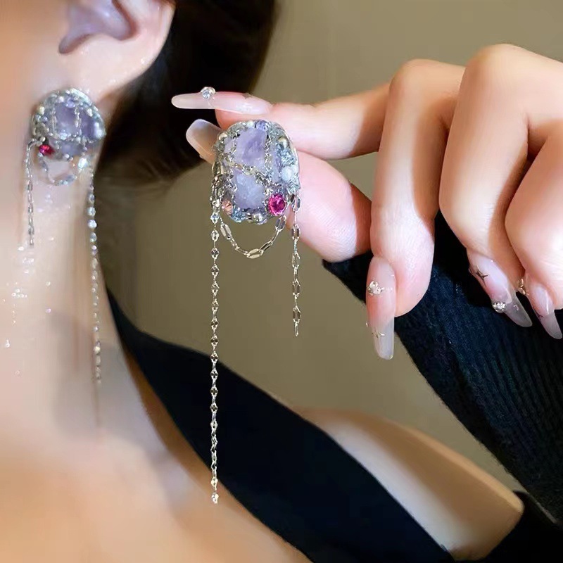 紫色水晶珍珠流苏耳环小众设计感高级气质耳钉女2023新款洋气耳饰