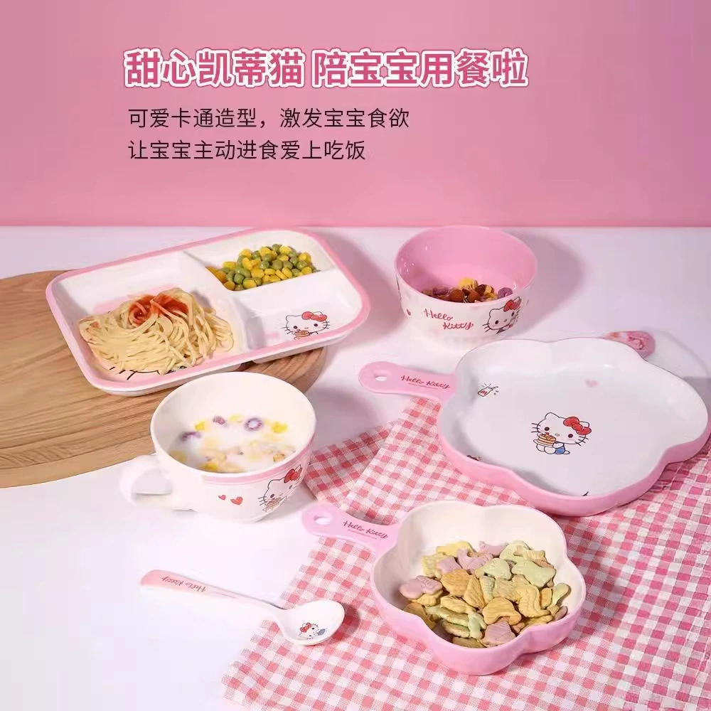 Children's Tableware (Hello Kitty) Feeding Set — Cute Dinner Plate, Spoon & Glass, Multi-piece