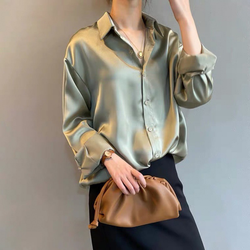 Women's Clothing acetate satin shirt women's glossy outer wear drape long sleeved shirt design niche light mature top spring_voghion.com
