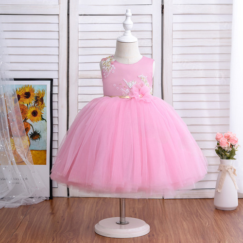 Ladies' Summer Cross-border Children's Dress with Tulle, Little Girl Piano Performance Dress, Solid Color Children's Princess Dress
