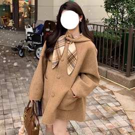 原版做法连帽格子毛呢大衣2025年冬季新款棕色宽松小个子短款外套