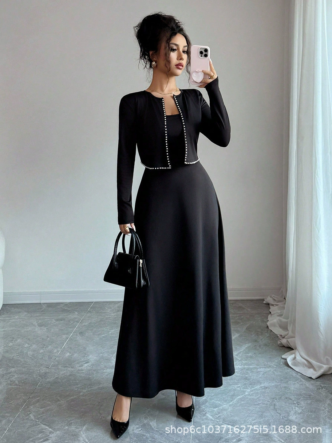 Демисезонный knitted кардиган, длинное Slip-платье, юбка, европейский стиль, стиль Chanel, средней длины, яркий запоминающийся стиль, корейский стиль