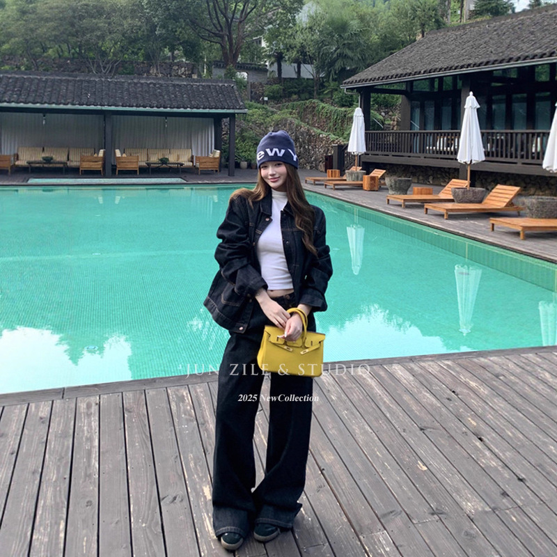 Fashion Denim Suit Autumn New American Retro Loose Jacket High-Waisted Straight Wide-Leg Jeans for Women