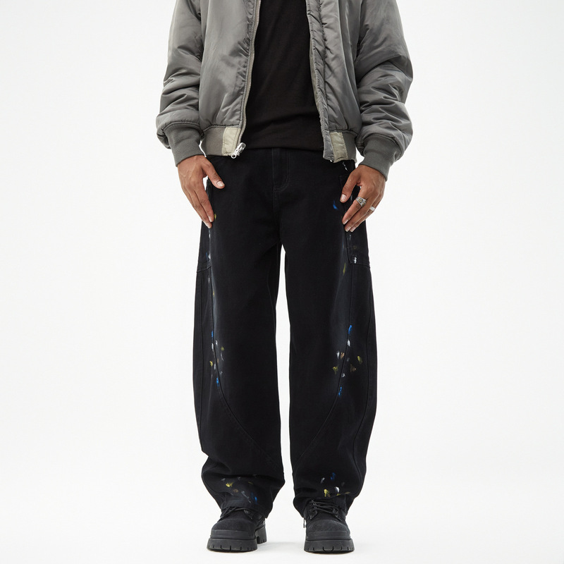 NewZaCu American-style High Street Painted Jeans Men's Trendy Brand Designer's Relaxed Wide Leg Pants