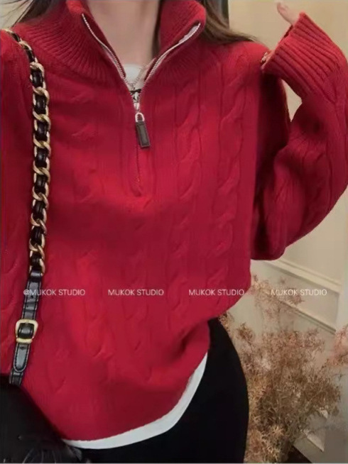 RL秋冬半拉链立领针织上衣加厚毛衣女宽松慵懒扭花羊毛衫外穿拉夫|undefined