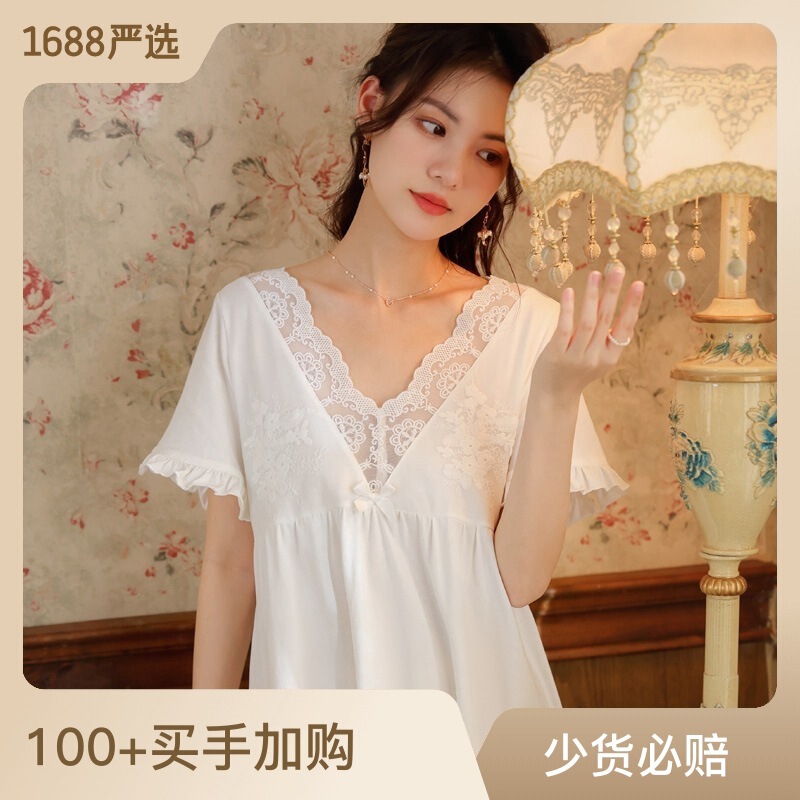 Short-Sleeved Nightgown for Women, Cotton, Retro Palace Style, Lace Princess Pajamas, Soft V Neck, Can Be Worn Outside, Home Clothes, Summer Short-Sleeved Nightgown for Women, Cotton, Retro Palace Style, Lace Princess Pajamas, Soft V Neck, Can Be Worn Outside, Home Clothes, Summer