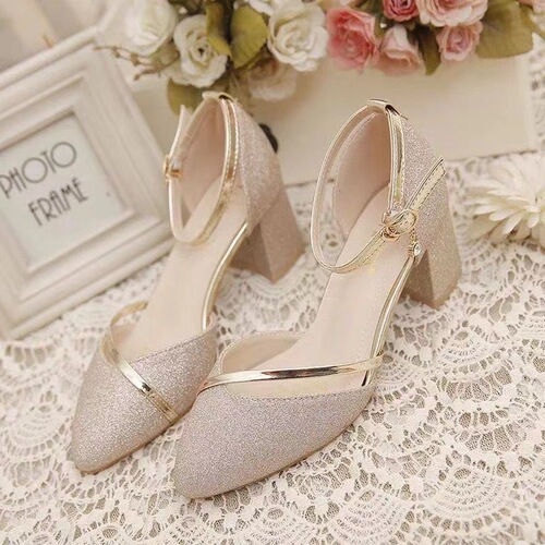 Women's Summer Border Trade High Heel Slip-on Ankle Boots with Hollow Thick Heel and Button Strap High Heels, Silver