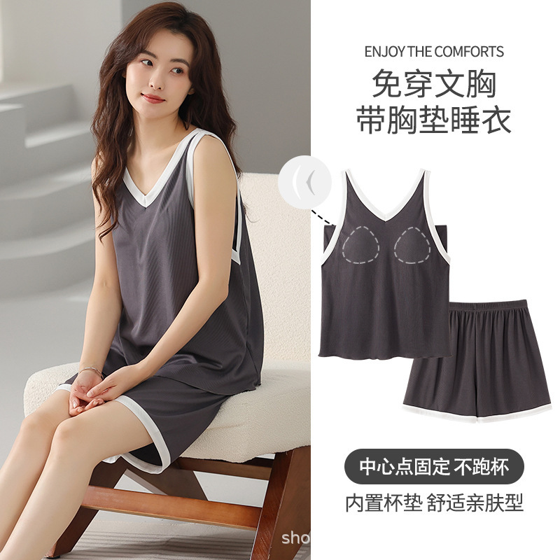 New Summer Women's Modal Camisole Pajamas, Plus-Size Sleeveless Tank Top with Anti-Exposure Chest Pads and Shorts Set, Loungewear New Summer Women's Modal Camisole Pajamas, Plus-Size Sleeveless Tank Top with Anti-Exposure Chest Pads and Shorts Set, Loungewear