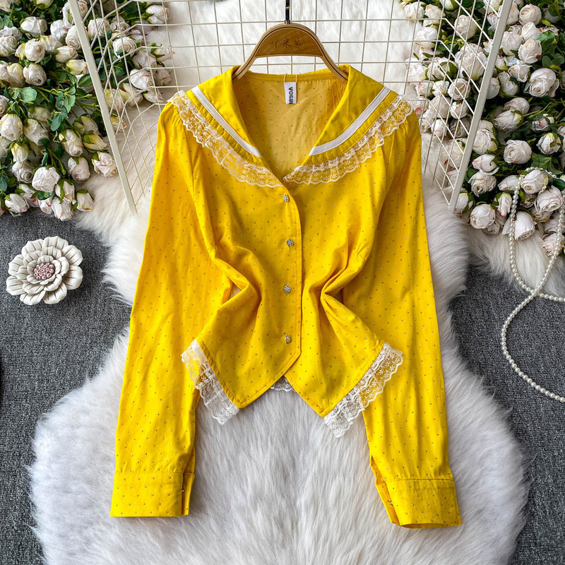 Unique and Sweet Lace-Trimmed Navy Collar Long-Sleeve Shirt for Women, Summer Design with Rhinestones, Slim-Fit Top