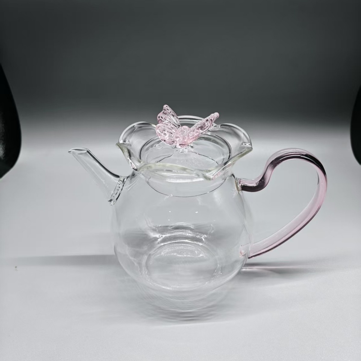 高颜值蝴蝶粉色手把 耐高温透明玻璃手工分茶器 高硼硅玻璃茶壶
