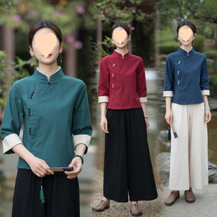 2025 Spring and Autumn New Chinese Style Zen Meditation Clothing Women's Retro Cotton and Linen Tea Art Clothing Tops Chinese Two-Piece Set