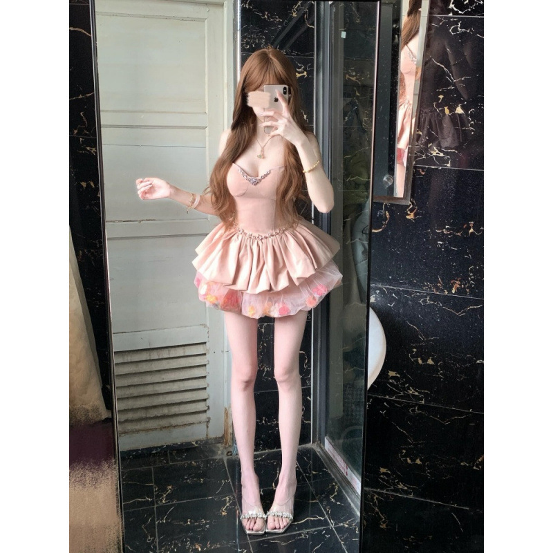 Princess Style Sweet Waist-Cinching Exquisite Suspender Skirt New Pure Lust Design Flower Mesh Puffy Dress