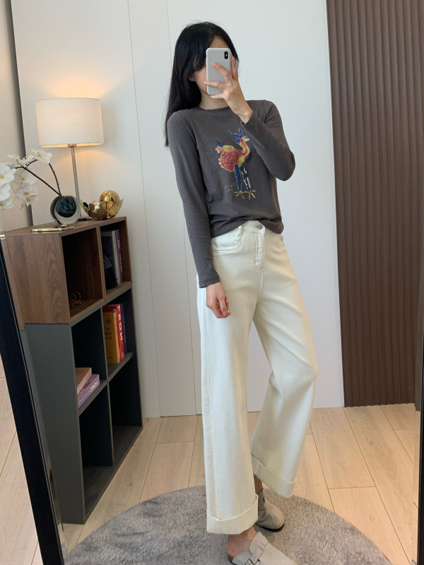 洋气配色！cute印花 简约圆领柔软舒适休闲减龄百搭长袖T恤上衣秋|undefined