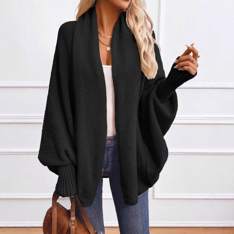 Solid Color Loose Knit Cardigan for Women with Large Collar, Bat Sleeves, Lantern Sleeves, Casual Soft Sweater Coat Solid Color Loose Knit Cardigan for Women with Large Collar, Bat Sleeves, Lantern Sleeves, Casual Soft Sweater Coat