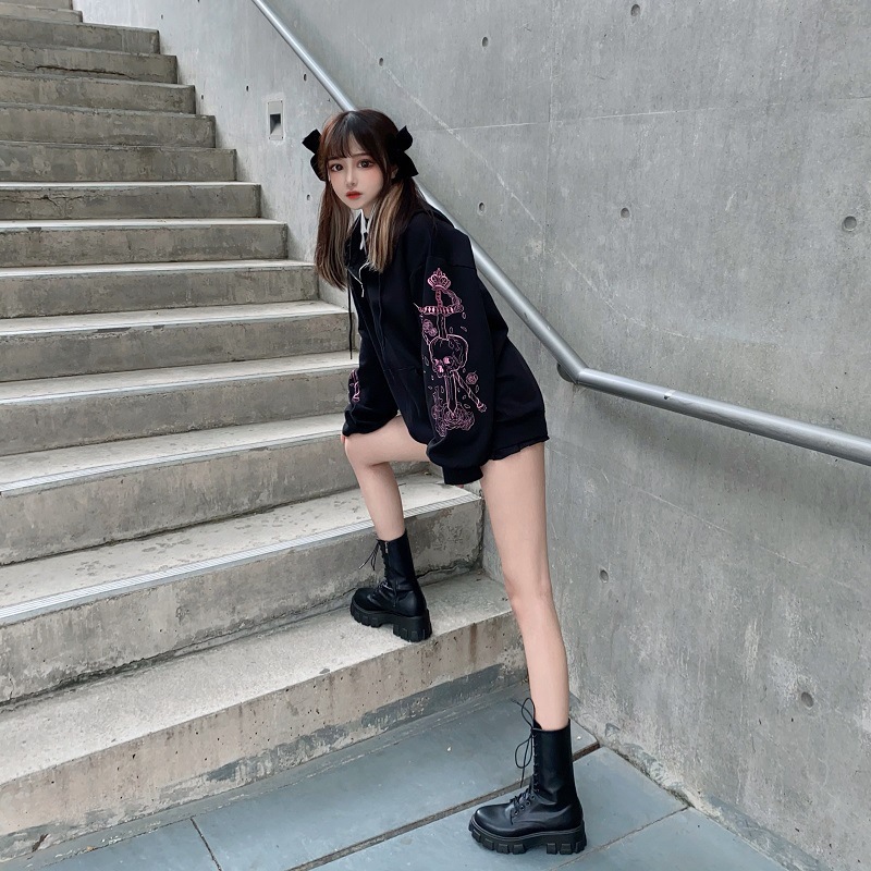 Sweat à capuche imprimé à fermeture éclair pour femme, style coréen 2022, veste noire, chemise sport, style urbain_voghion.com