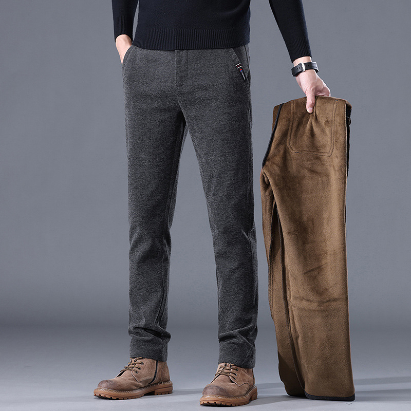 Otoño e invierno pantalones casuales antiarrugas de los hombres de fácil cuidado slim fit pantalones de los hombres chenille forrado de lana engrosada pequeños pantalones rectos niños