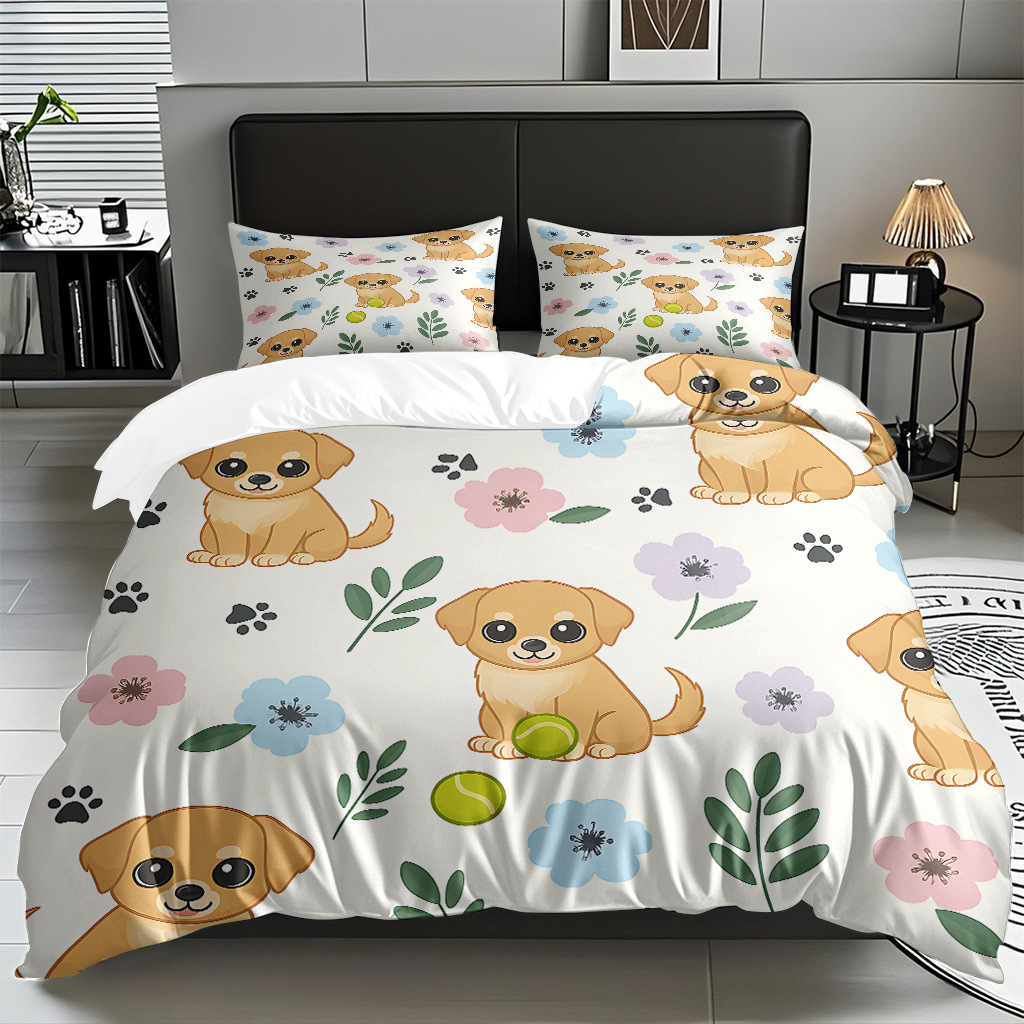 Fábrica de origen transfronteriza textil doméstico TEMU / JIT suave piel abrasiva caricatura cachorro impresión digital set edredón