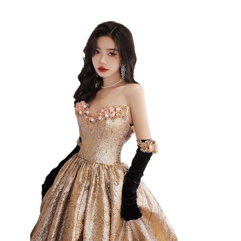 Đầm dạ hội ôm body dáng dài, thiết kế cổ V sâu, tay sát nách, phong cách vintage — Vàng Qidi (không bao gồm găng tay), Màu vàng cộng với găng tay