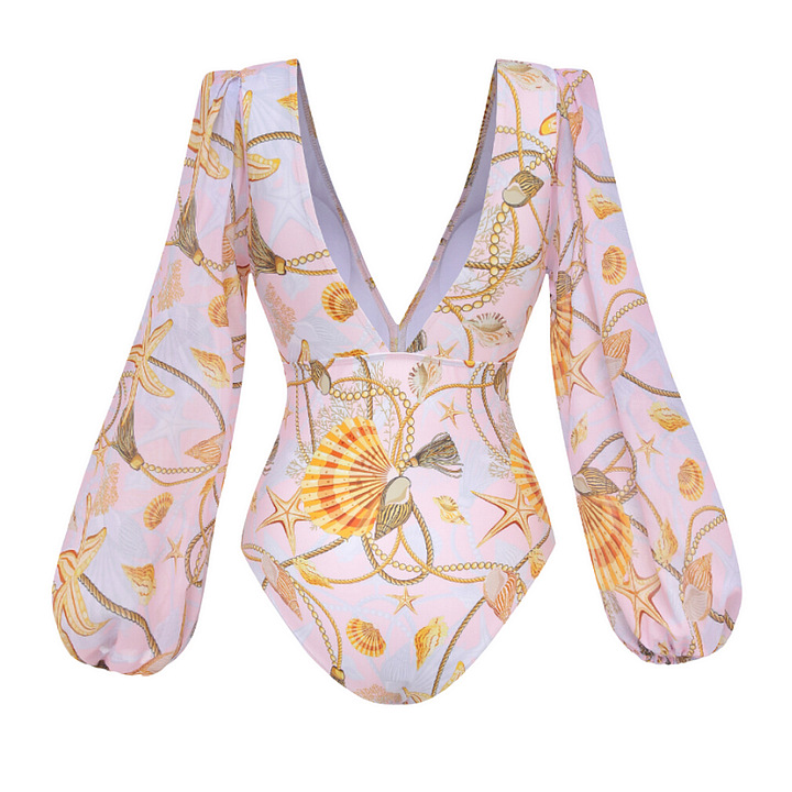 Women's Long-sleeve Shell Print Swimsuit With Built-in Bra_voghion.com
