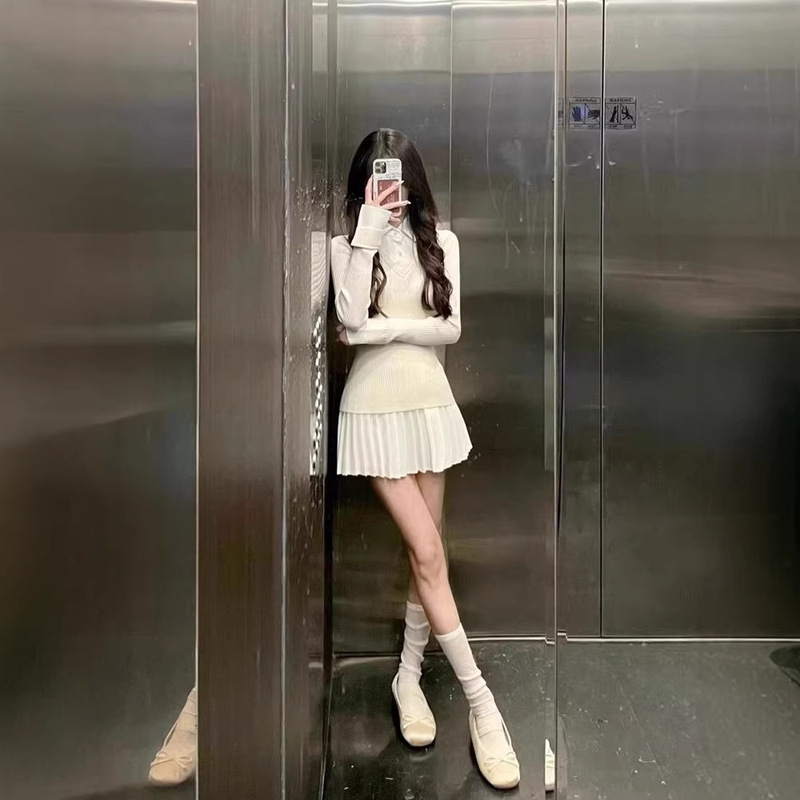 Korean-Style College Style Fake Two-Piece Knit Sweater and Skirt Set for Women, 2026 Winter Design, Stylish Top and Short Skirt Korean-Style College Style Fake Two-Piece Knit Sweater and Skirt Set for Women, 2026 Winter Design, Stylish Top and Short Skirt