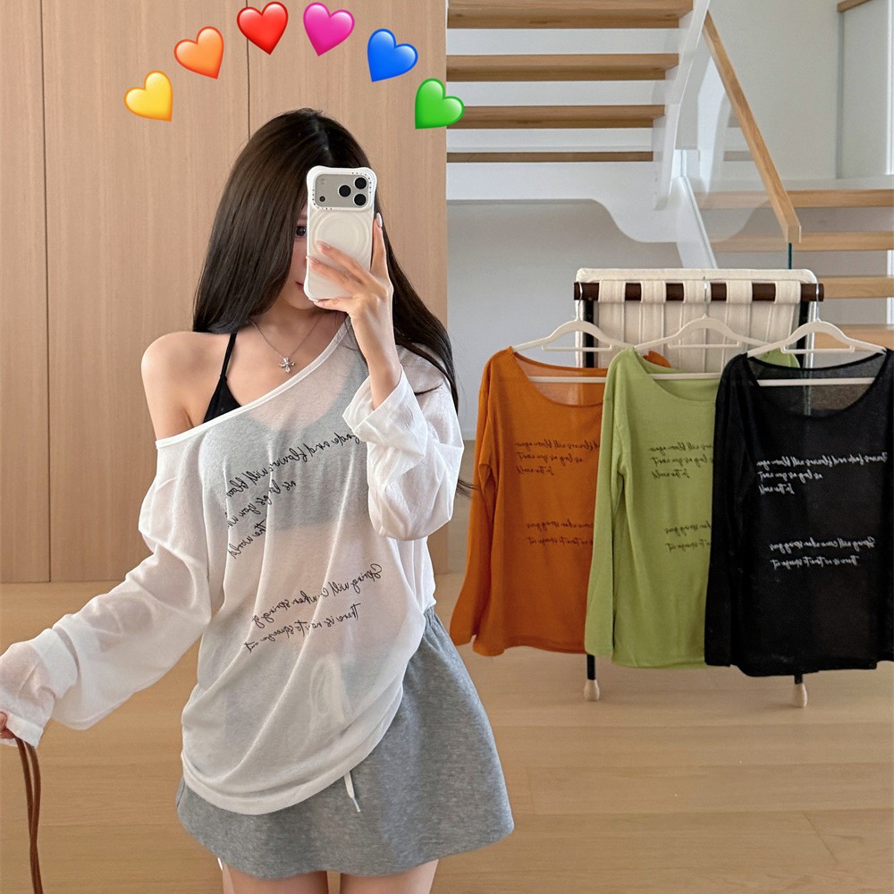 8230 # Casual semi-sheer blouse top with Korean letter print, sun-protective long-sleeve T-shirt for women, summer casual loose fit