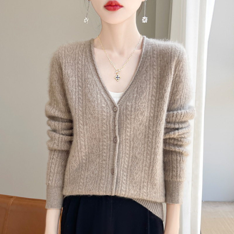Spring and Autumn New Hollow Jacquard Knitted Wool Cardigan Soft and Unique Women's V-Neck Rolled Edge Long Sleeve Sweater Spring and Autumn New Hollow Jacquard Knitted Wool Cardigan Soft and Unique Women's V-Neck Rolled Edge Long Sleeve Sweater