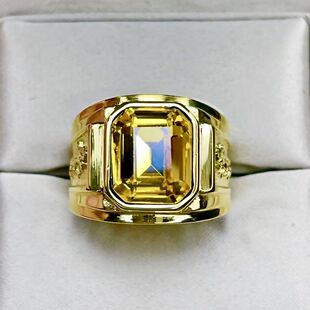 Authentic Yellow Tourmaline Ring, Gold Color, Domineering Men's Citrine Yellow Diamond Ring, Non-Fading Ring