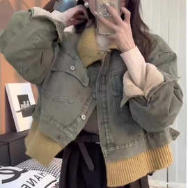 美式复古慵懒风撞色翻领牛仔外套女2025春秋新款小众休闲风上衣潮