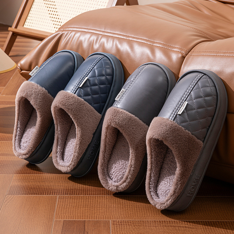 PU棉拖鞋男毛拖鞋防泼水加厚棉鞋冬季新款加绒保暖棉拖情侣月子鞋
