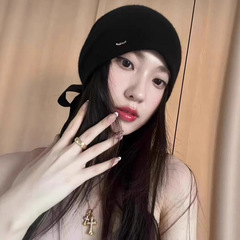 深圳南油货~25秋冬新品小香风黑色针织帽飘带帽子